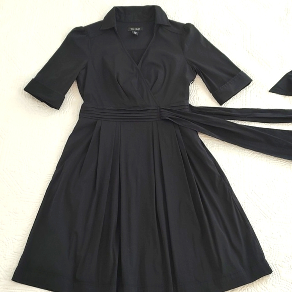 WHBM Woman's Black Faux Wrap Midi Fit Flare Dress/Size 8